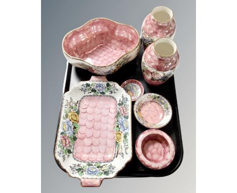 A tray containing seven pieces of Maling Peony Rose pattern ceramics.