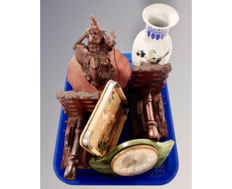 A tray containing a Danbury Mint Britannia ornament, Chinese vase, wooden cannon bookends, mid-century mantel clock.