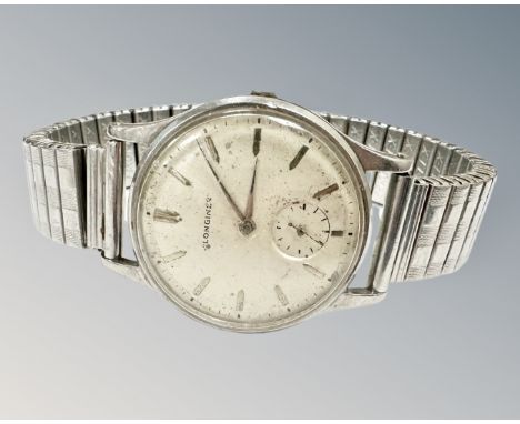 A gent's vintage Longines stainless steel wristwatch, case 31mm (lacks crown)