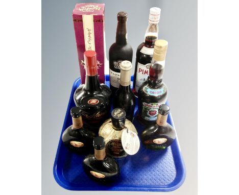 A tray containing ten bottles of alcohol including Mateus wine, liqueurs, Pimms, Taylors port etc.