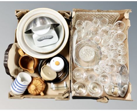 Two boxes containing glassware, assorted kitchenalia, kitchen scales, ironstone blue and white jug.