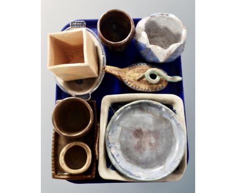A tray containing 10 pieces of 20th century studio pottery including S. Hollingworth.