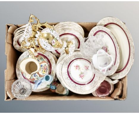 A box containing a vintage Winterton china rose pattern dinner service, an Italian floral pattern jug, glassware etc.