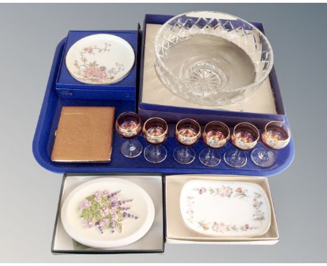 A tray containing boxed Royal Doulton and Aynsley dishes, a Watersmeet Studios floral plaque, a set of six mid-century liqueu