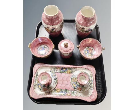 A tray containing eight pieces of Maling Peony Rose pattern ceramics.