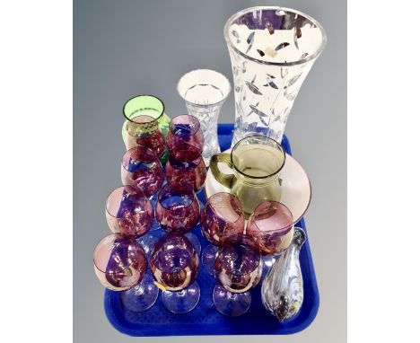 A tray containing assorted glassware including pearlescent bird ornament, two tone wine glasses, vases etc.