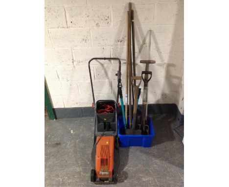 A Flymo electric mower with grass box and lead, plus a quantity of garden tools 