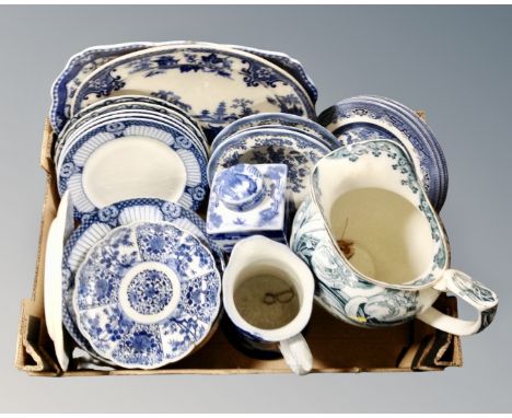 A box containing 19th century and later blue and white ceramics including Chinese scallop edged plate, willow pattern meat pl