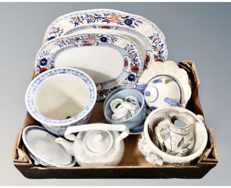 A box containing antique and later ceramics including two 19th century floral pattern graduated meat plates, jardiniere on st