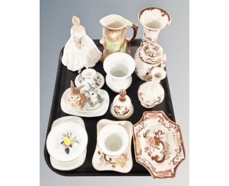 A tray containing assorted ceramics including Masons brown velvet, Royal Doulton figure Heather, Wedgwood cabinet china etc.