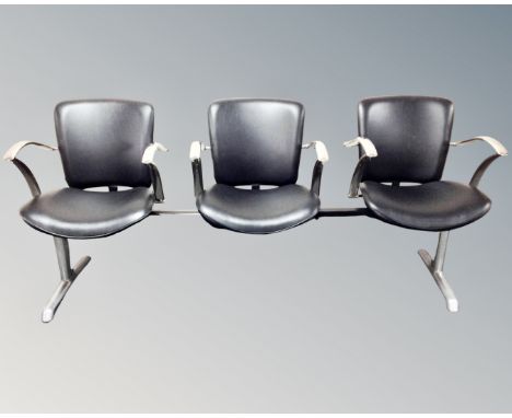A contemporary Orlando chrome and black vinyl three seat hall bench. (length 190cm)