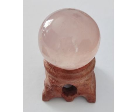 Natural pink Rose Quartz crystal sphere and stand. Weight 44g, length 31mm, width 32mm,  height 32mm.
