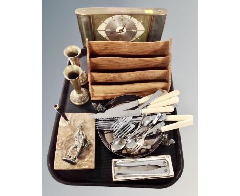 A tray containing mid-century Metamec mantel clock, wooden letter rack, plated cutlery, brass vases, marble pen stand.