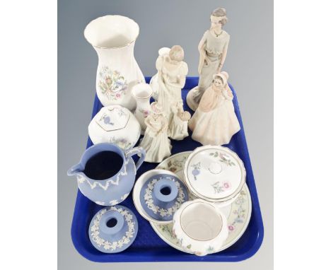 A tray containing assorted ceramics including Wedgwood Jasperware, Aynsley Wild Tudor, figurines etc.