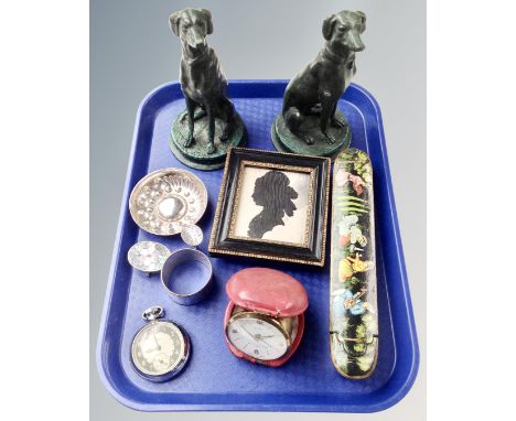 A tray containing an Asian white metal wine taster, plated napkin ring, travel clock, Ingersoll pocket watch, wooden lacquere