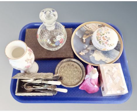 A tray containing Aynsley cottage garden trinket dish, Coalport figure Joanne, mid-century liqueur decanter, mother of pearl 