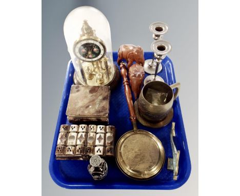 A tray containing trinket boxes, a glass and white metal vinaigrette, anniversary clock under dome, brass ware etc.