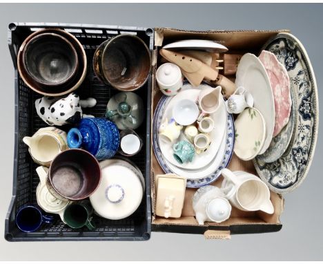 A box and a crate containing antique and later ceramics including meat plates, dinnerware, egg cup holders, West German plant