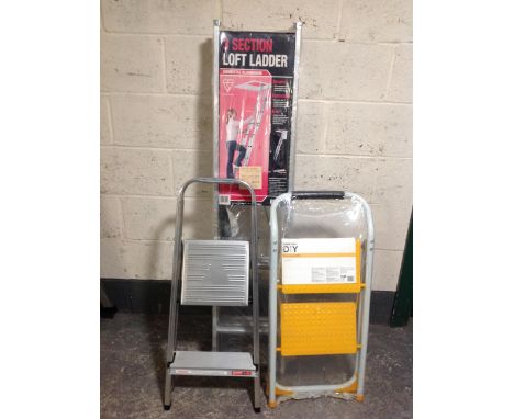 An aluminium 3 section loft ladder (as new) and two pairs of twin steps ladders (one sealed) 