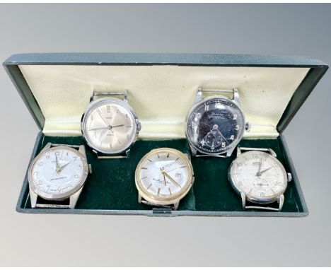 Five vintage gent's wristwatch faces to include Trinom, Timex, Buler, Domino and Roamer. (5)