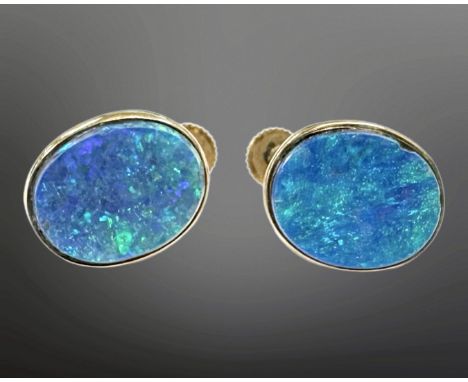 A pair of 9ct gold doublet opal earrings with screw backs, opals 12.5mm by 10mm CONDITION REPORT: 4.3g