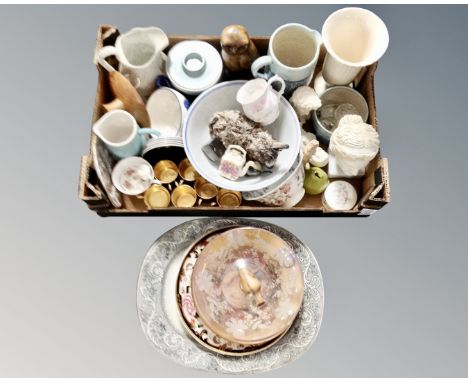 A box containing antique and later ceramics including meat plates tea ware, Minton Haddon hall bowl, Emily Doran pottery.