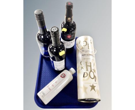 Five bottles of alcohol including Moet and Chandon champagne, in box, together with Harvey's Bristol cream, Taylor's vintage 