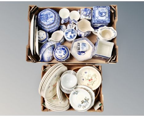 Two boxes containing blue and white Ringtons ceramics, Japanese tea ware, dinner plates etc.