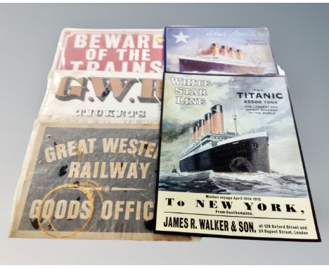 Six replica metal signs including White Star Line, G. W. R. Railway etc.