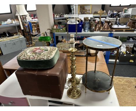 A 1970s foot cube, together with a tapestry upholstered foot rest, a pair of continental brass table lamps and a brass two ti