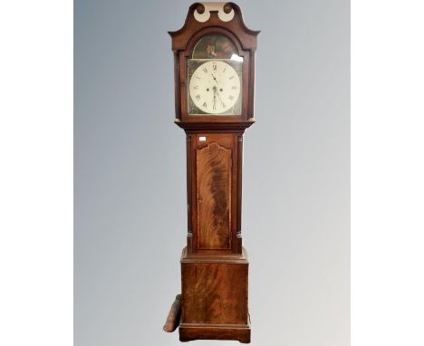 A 19th century inlaid mahogany longcase clock, with painted dial, pendulum and weights  CONDITION REPORT: Glass cracked.