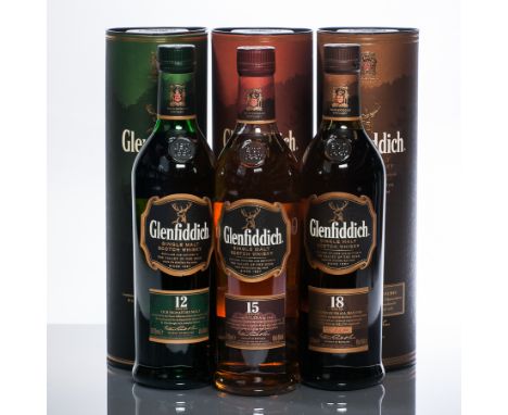 GLENFIDDICH 12 YEARS OLD
Single Malt Scotch Whisky, 70cl, 40% volume, in tube. 
GLENFIDDICH 15 YEARS OLD
Single Malt Scotch W