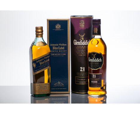 GLENFIDDICH 21 YEARS OLD
Single Malt Scotch Whisky, finished in Caribbean rum casks, 70cl, 40% volume, in tin. 
JOHNNIE WALKE