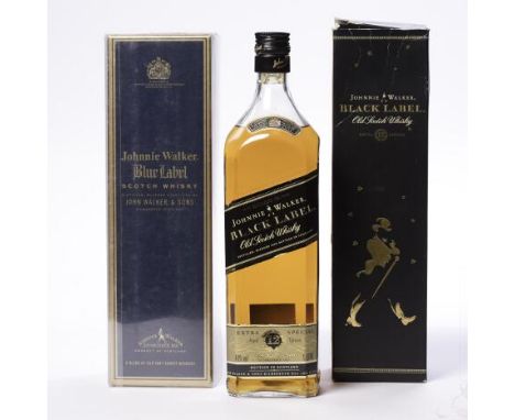 JOHNNIE WALKER BLUE LABEL
Blended Scotch Whisky, 75cl, 43% volume, in sealed carton with plastic sleeve. 
JOHNNIE WALKER BLAC