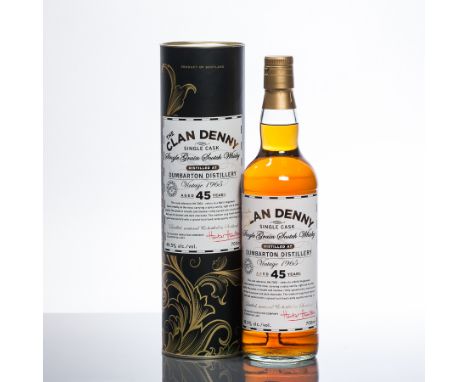 DUMBARTON 1965 AGED 45 YEARS THE CLAN DENNY SINGLE CASK
Single Grain Scotch Whisky. 45 years old. Cask ref. HH 7001. 700ml, 4