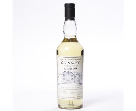 GLEN SPEY 12 YEARS OLD MANAGER'S DRAM
Single Malt Scotch Whisky, bottled August 2008. Bottle no. 0077. 70cl, 53.5% volume. 