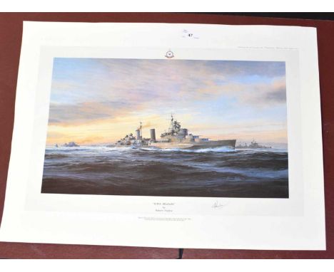 Two Marine prints by Robert Taylor, a first edition print of HMS Belfast, signed by Admiral Sir Frederick Parham, together wi