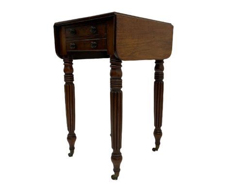 Early 19th century mahogany work table, rectangular drop leaf top with rounded corners, fitted with single through drawer, ra