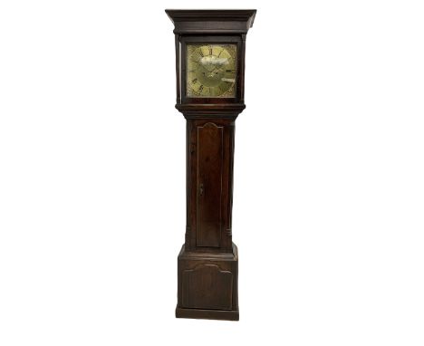 An 18th century oak cased longcase clock by M Thomas & Sons, Carnarvon c1780, flat topped hood with a wide cornice and plain 