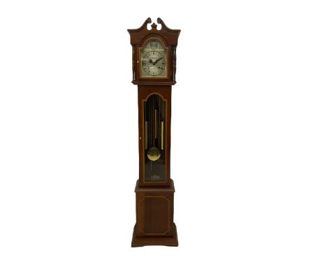 A contemporary “Lawrain” Grandmother clock in a simulated mahogany case, with a two-train spring driven month going movement,