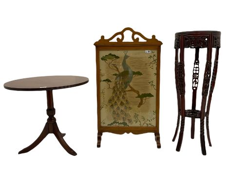 Chinese style hardwood jardiniere stand, decorated with pierced panels and carved motifs (H87cm), reproduction mahogany circu