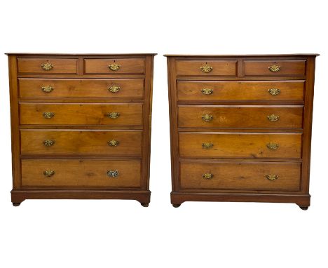 Pair Edwardian walnut chests, rectangular moulded top over two short and four long drawers, bracket plinth with compressed bu