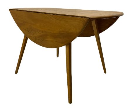 Ercol light elm oval drop leaf table, on splayed tapering suppportsDimensions: Height:&nbsp;71cm&nbsp; Length/Width:&nbsp;114