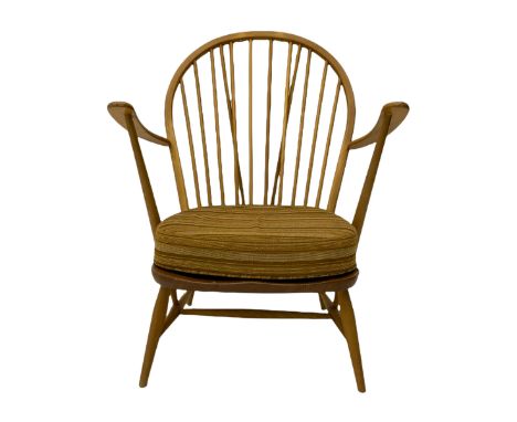 Mid-20th century Ercol light elm and beech hoop and stick back easy chair, with upholstered loose seat cushion in striped fab