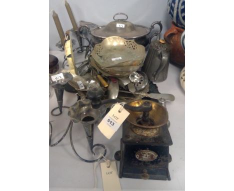 Mixed silver plate and metal ware, to include: soup turine; coffee grinder; candlestick centrepieces; trays; and loose cutler