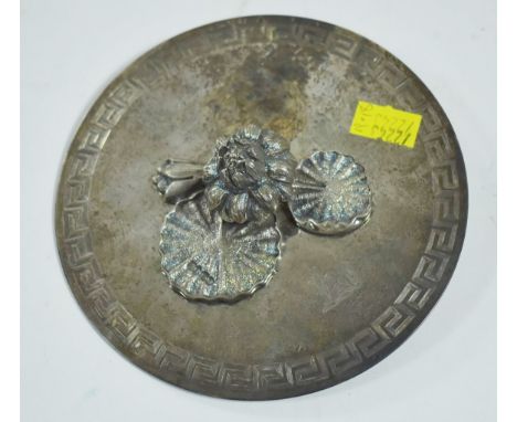 A Victorian silver dish cover, by Henry Wilkinson &amp; Co, Sheffield 1861. with greek key rim and lilly pad handle, engraved