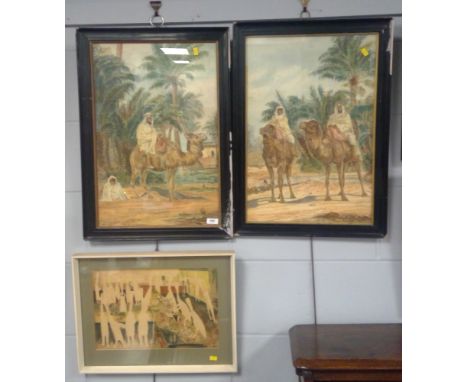 A pair of watercolours of Arabian scenes by M.Perrott; together with a contemporary kitchen scene print by D.Biggs.