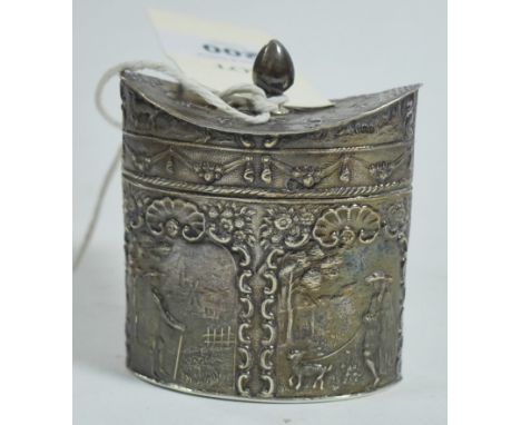 Dutch silver caddy, with British import marks for amuel Boyce (or Boaz) Landeck, Sheffield 1900, decorated with panels of fig