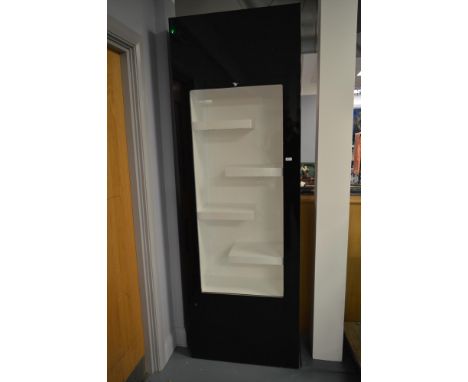 A small narrow ebonised display cabinet, glazed panel door and white painted interior, 75 x 225cms high.