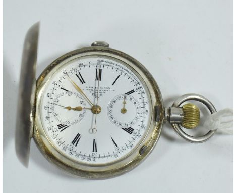 A Swiss silver cased pocket chronograph, by S. Smith &amp; Son, 9 Strand, London, 132-46 N.M., the white enamel roman dial wi